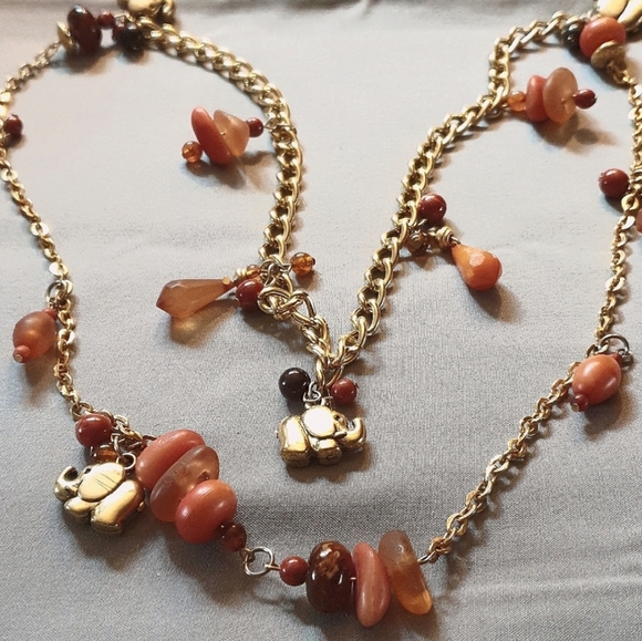 33" Necklace with Tiny Elephants and Frosted Beads. Sunset Colors. Light Weight. - Picture 6 of 11